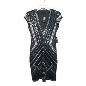 NWT Express Black Sequined Deep V Mini Dress Size XS